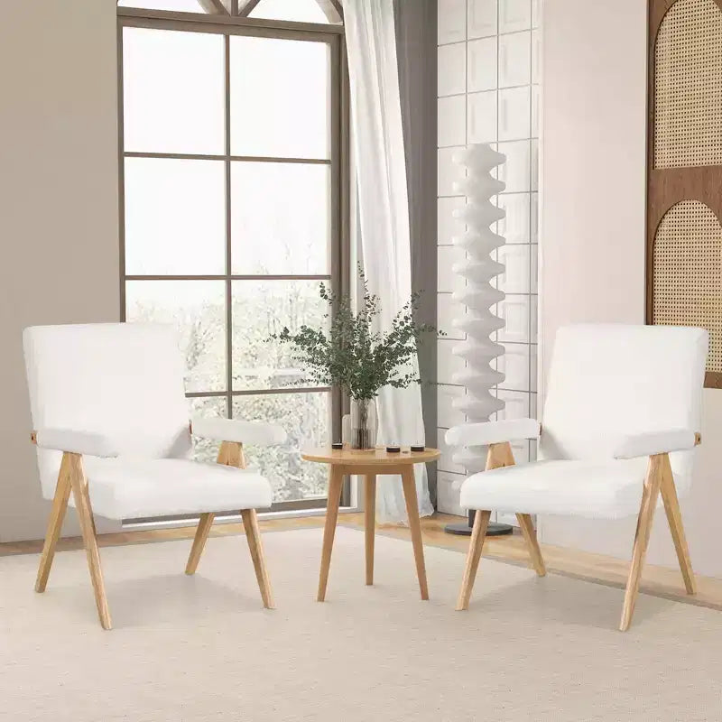 Poltrona di design moderno di metà secolo con struttura in legno massello di gomma e braccioli imbottiti