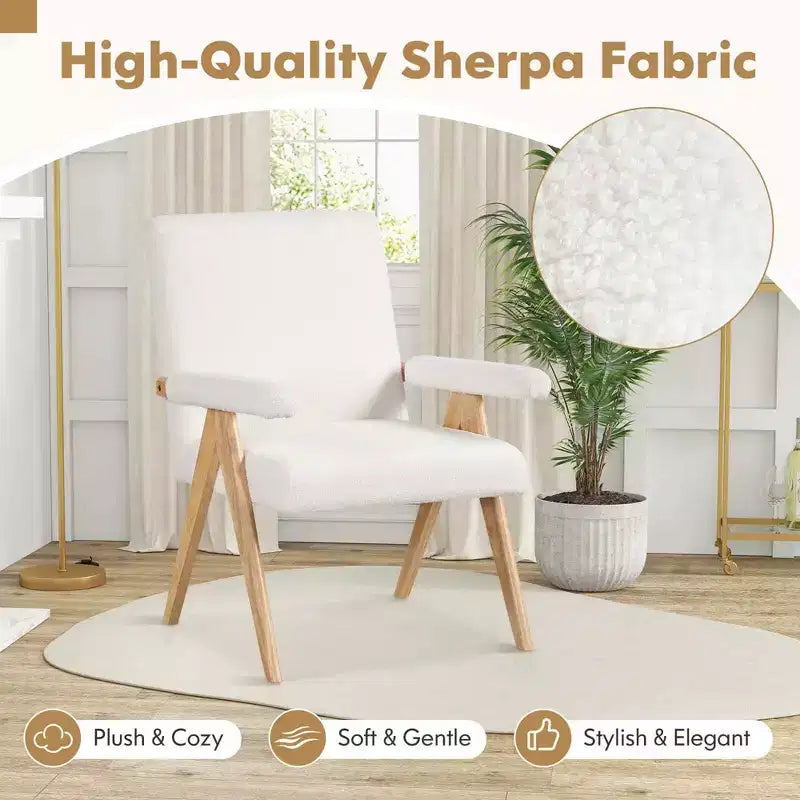 Poltrona di design moderno di metà secolo con struttura in legno massello di gomma e braccioli imbottiti