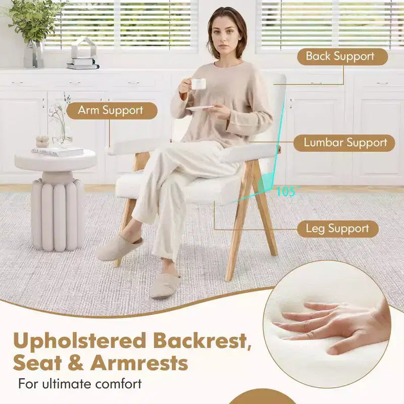 Poltrona di design moderno di metà secolo con struttura in legno massello di gomma e braccioli imbottiti