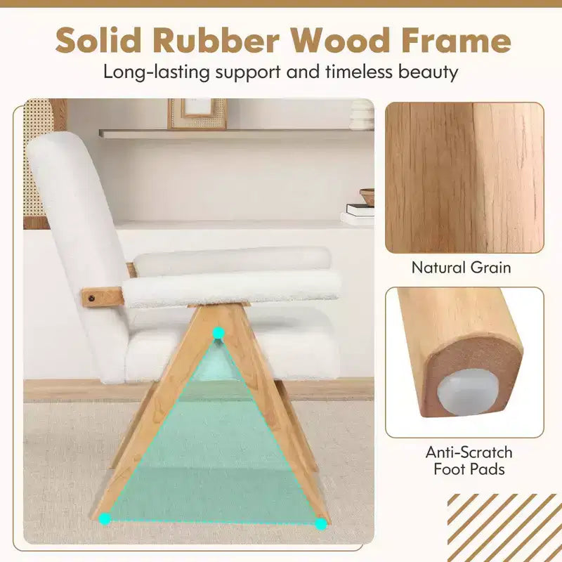 Poltrona di design moderno di metà secolo con struttura in legno massello di gomma e braccioli imbottiti