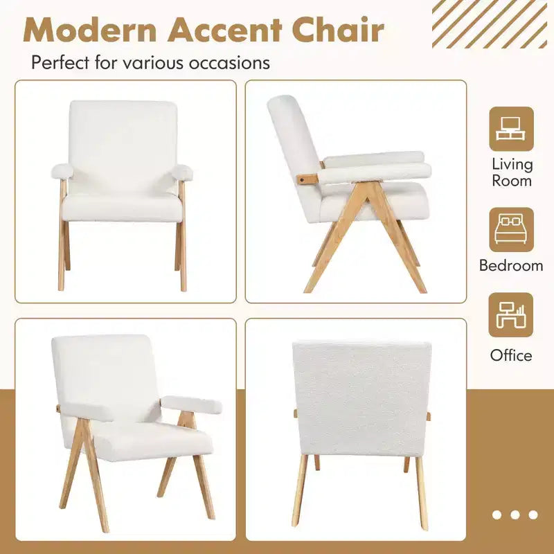 Poltrona di design moderno di metà secolo con struttura in legno massello di gomma e braccioli imbottiti