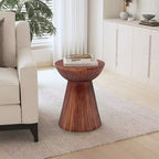 Mango Wood Round Drum End Table – Handcrafted Walnut Finish