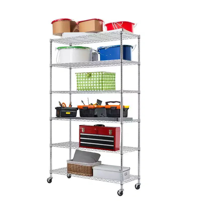 6-Tier Heavy-Duty Wire Shelving Metal Rack with Wheels – Multi-Use Storage