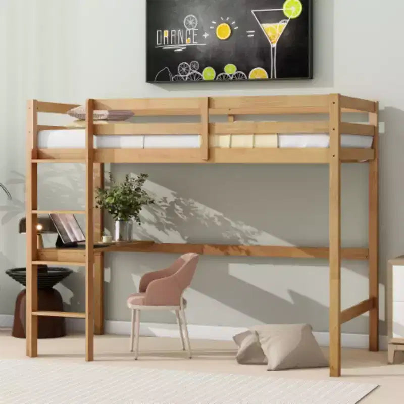 Elevated Loft Bed for approx. 97 × 191 cm mattress with Rubberwood Frame, Guardrail & Built-in Desk