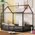 Metal Frame House Bed with Fence & Door – Kids Bedroom Bed Frame
