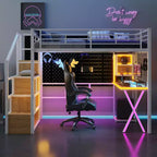 Metal Loft Bed with Workstation, Wardrobe, Storage Staircase & LED Lights