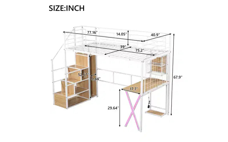 Letto a soppalco in metallo con postazione di lavoro, armadio, scala contenitore e luci a LED