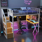 Letto a soppalco in metallo con postazione di lavoro, armadio, scala contenitore e luci a LED