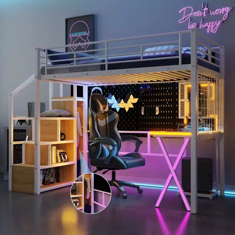 Letto a soppalco in metallo con postazione di lavoro, armadio, scala contenitore e luci a LED