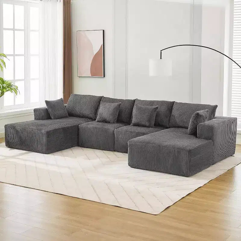 Divano Sezionale Modulare a U con Chaise Longue – Velluto a Coste, Nessun Montaggio