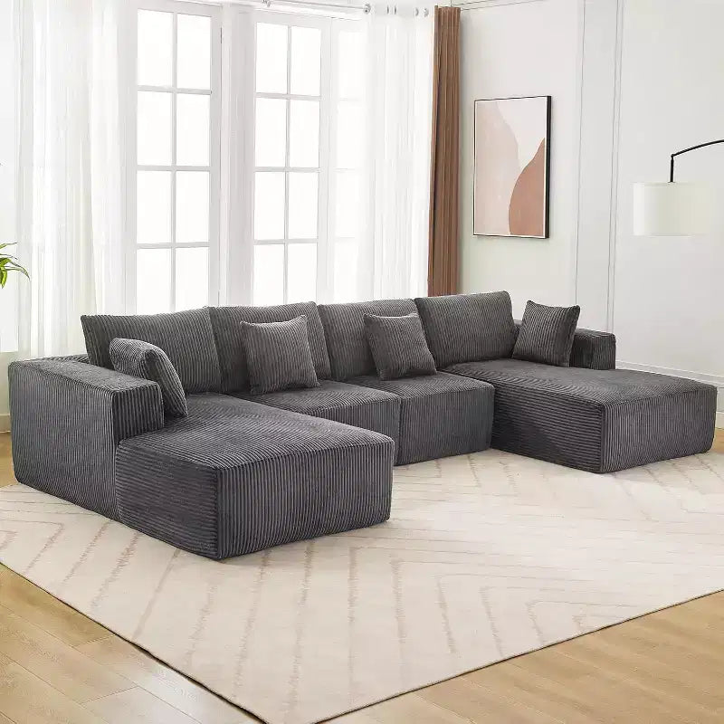 Divano Sezionale Modulare a U con Chaise Longue – Velluto a Coste, Nessun Montaggio
