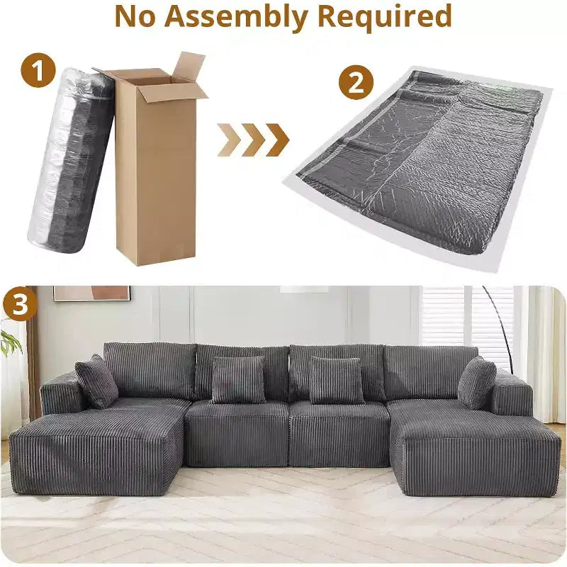Divano Sezionale Modulare a U con Chaise Longue – Velluto a Coste, Nessun Montaggio