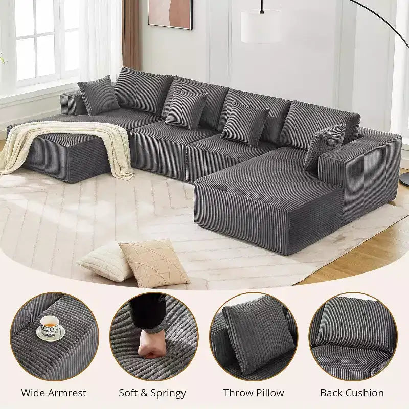 Divano Sezionale Modulare a U con Chaise Longue – Velluto a Coste, Nessun Montaggio