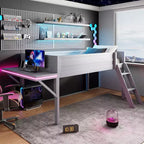 Gaming Loft Bed for Approx. 137 × 191 cm Mattress with Built-In Desk and LED Lighting, Gray