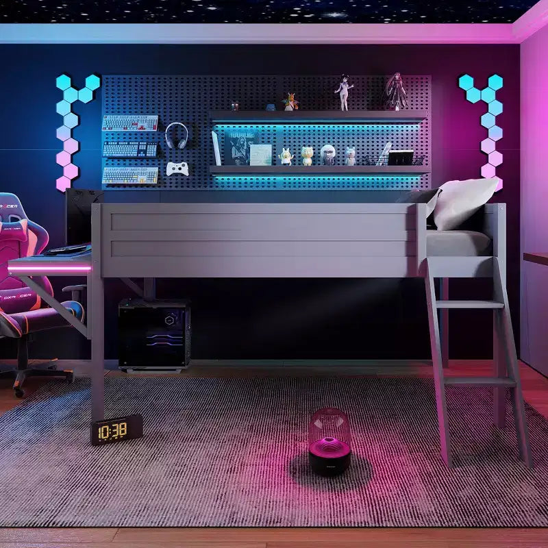 Letto a soppalco da gaming per ragazzi/adulti, struttura in legno con scrivania e luci LED integrate, grigio