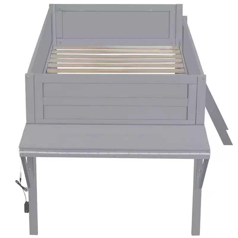 Letto a soppalco da gaming per ragazzi/adulti, struttura in legno con scrivania e luci LED integrate, grigio