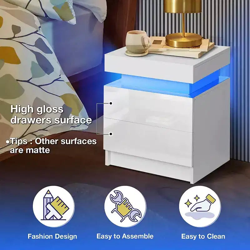 Comodino Moderno con LED Lucido con 2 Cassetti
