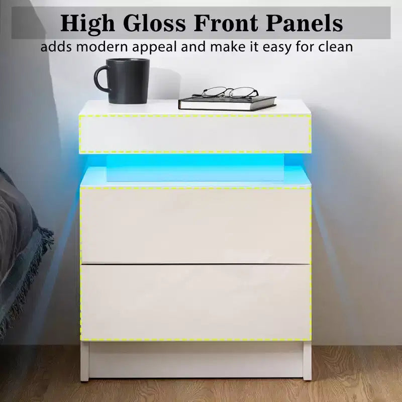 Comodino Moderno con LED Lucido con 2 Cassetti
