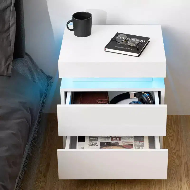 Comodino Moderno con LED Lucido con 2 Cassetti