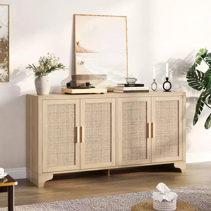 62 Inch Rattan Sideboard Buffet Cabinet, 4-Door Kitchen Storage Cabinet with Shelves