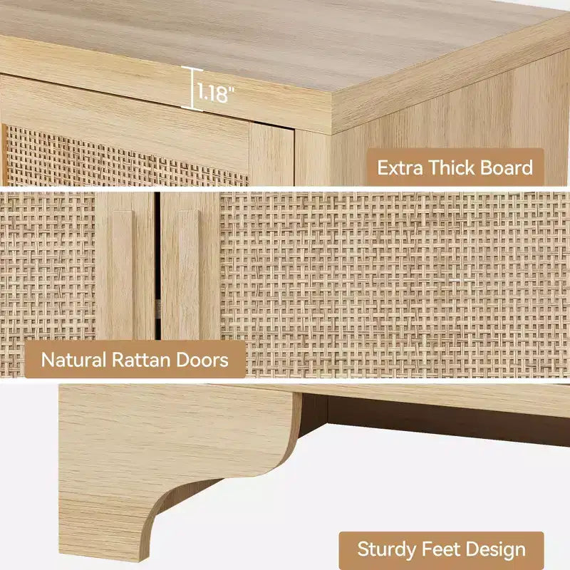 62 Inch Rattan Sideboard Buffet Cabinet, 4-Door Kitchen Storage Cabinet with Shelves