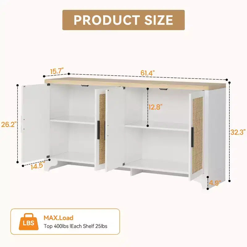 62 Inch Rattan Sideboard Buffet Cabinet, 4-Door Kitchen Storage Cabinet with Shelves