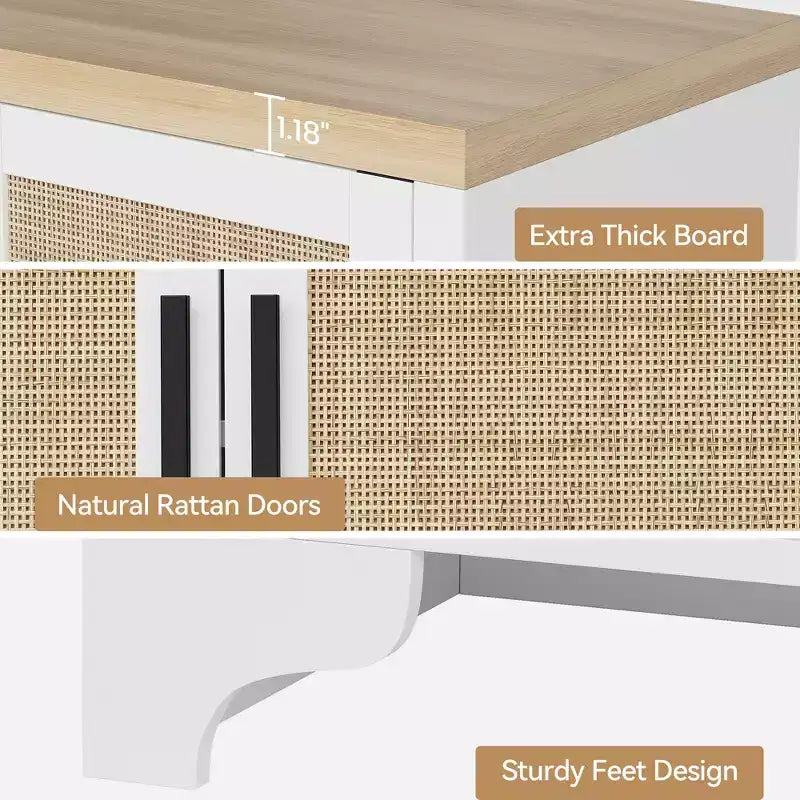 62 Inch Rattan Sideboard Buffet Cabinet, 4-Door Kitchen Storage Cabinet with Shelves