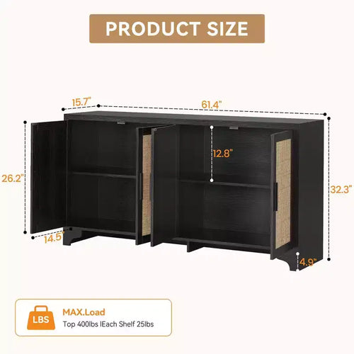 Mobile credenza a buffet in rattan da 157,5 cm, armadio da cucina a 4 ante con ripiani