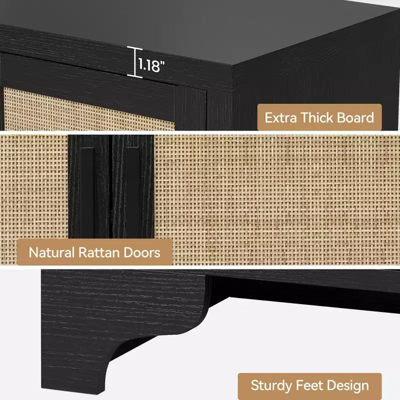 62 Inch Rattan Sideboard Buffet Cabinet, 4-Door Kitchen Storage Cabinet with Shelves
