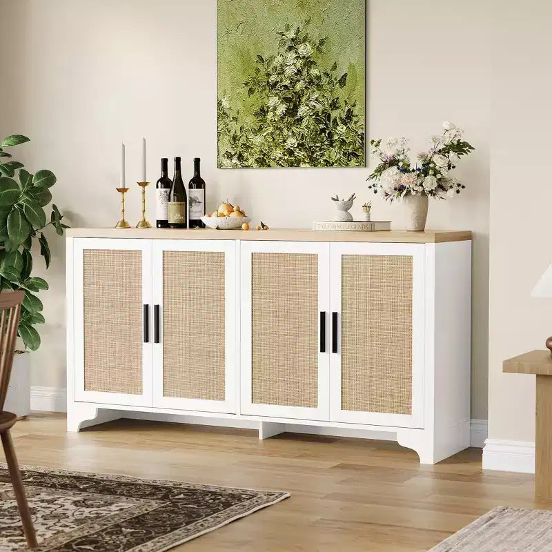 62 Inch Rattan Sideboard Buffet Cabinet, 4-Door Kitchen Storage Cabinet with Shelves