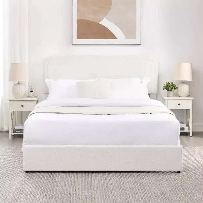 Letto matrimoniale Calvin Modern con testiera in tessuto bouclé color avorio