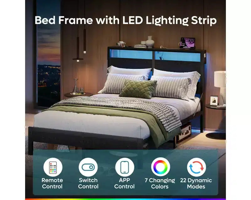 Struttura letto singolo con luci LED, stazione di ricarica e testiera alta