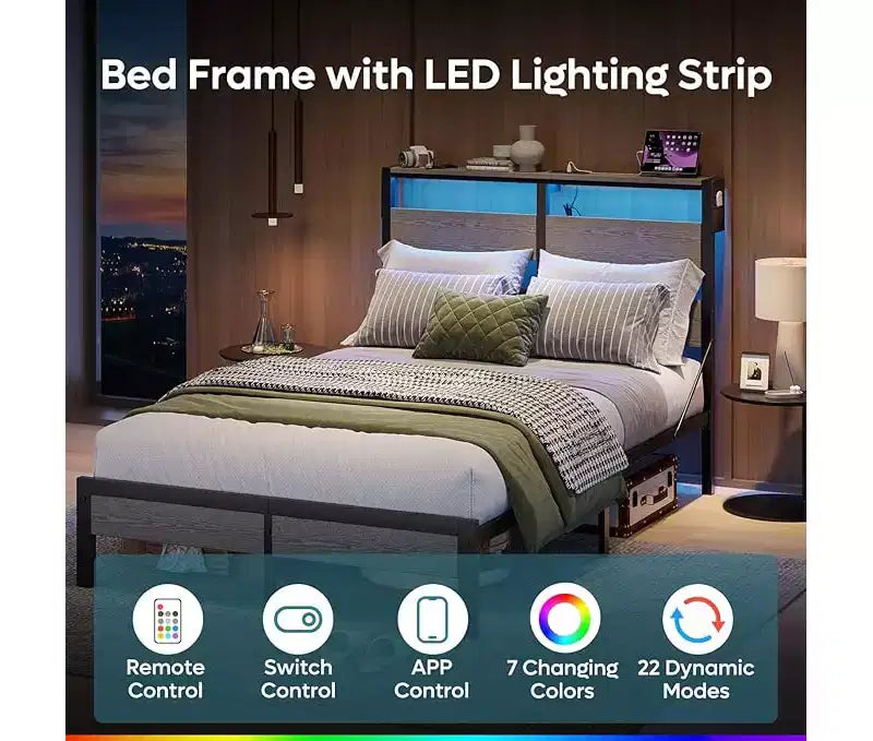 Struttura letto singolo con luci LED, stazione di ricarica e testiera alta