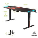 Scrivania da gioco regolabile in altezza con illuminazione RGB, 165,1 cm (L) × 69,8 cm (P) x 73,7 cm - 123,2 cm H
