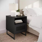 Malaki Mid-Century Modern Nightstand with Rattan Drawer & Open Shelf