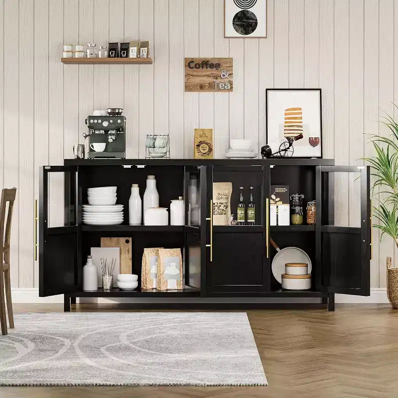 55’’ Farmhouse Storage Cabinet with 4 Glass Doors – Slim White Sideboard