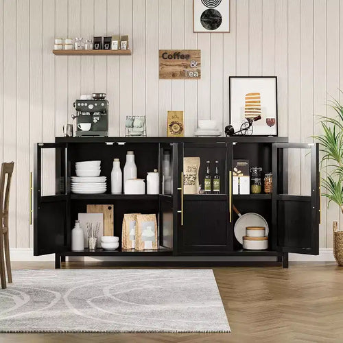 Mobile contenitore da 139,7 cm per fattoria con 4 ante in vetro – Credenza sottile bianca