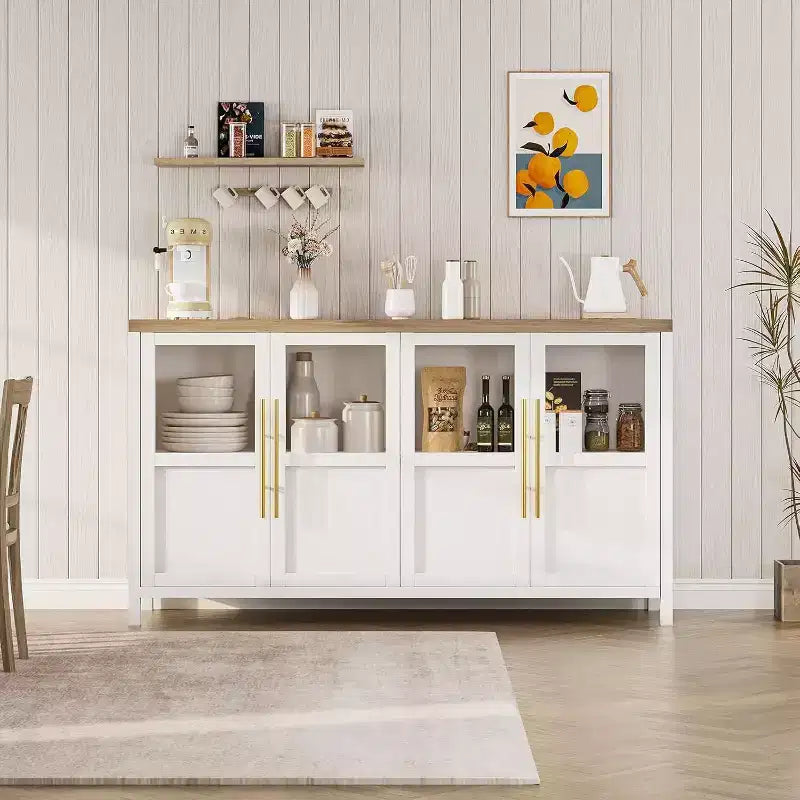 55’’ Farmhouse Storage Cabinet with 4 Glass Doors – Slim White Sideboard