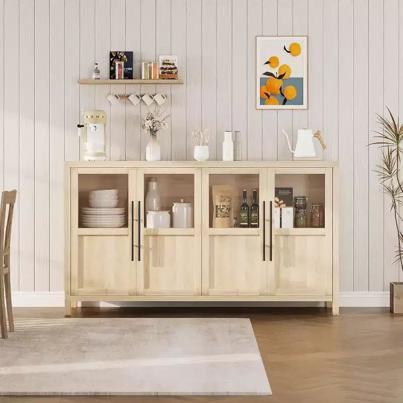 55’’ Farmhouse Storage Cabinet with 4 Glass Doors – Slim White Sideboard