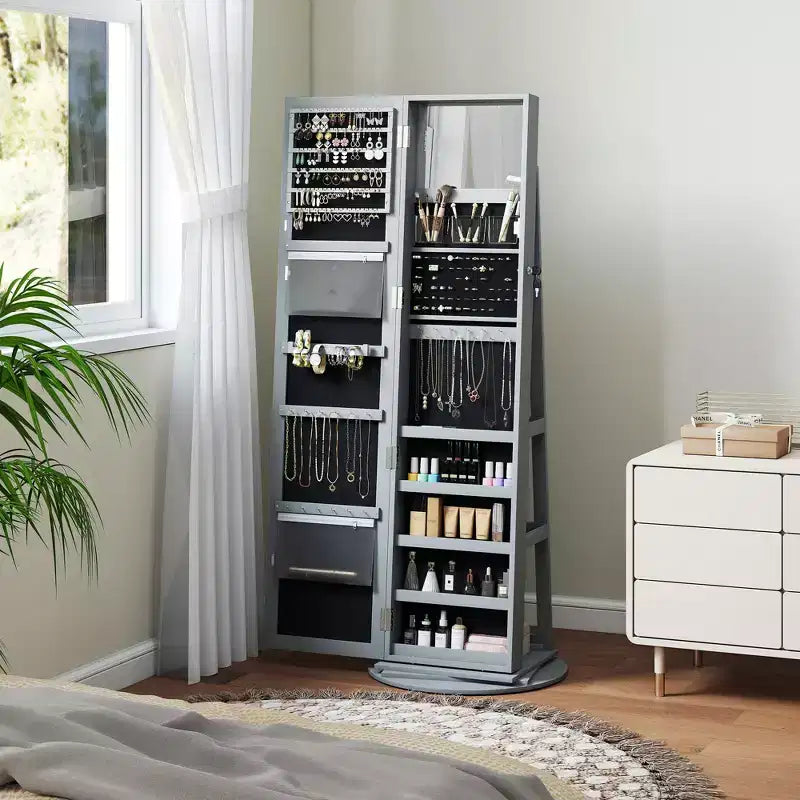 360° Swivel Jewelry Armoire with Full-Length Mirror & Storage Shelves
