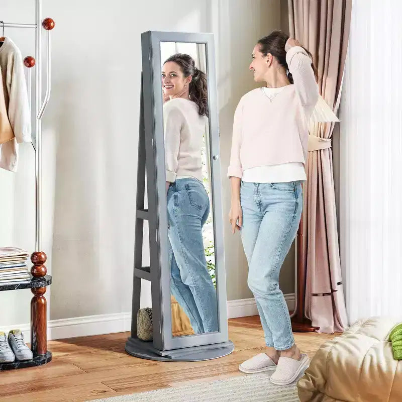 360° Swivel Jewelry Armoire with Full-Length Mirror & Storage Shelves