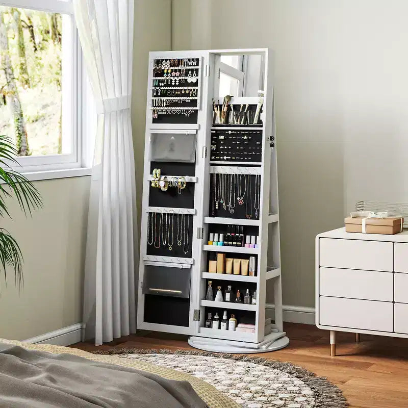 360° Swivel Jewelry Armoire with Full-Length Mirror & Storage Shelves