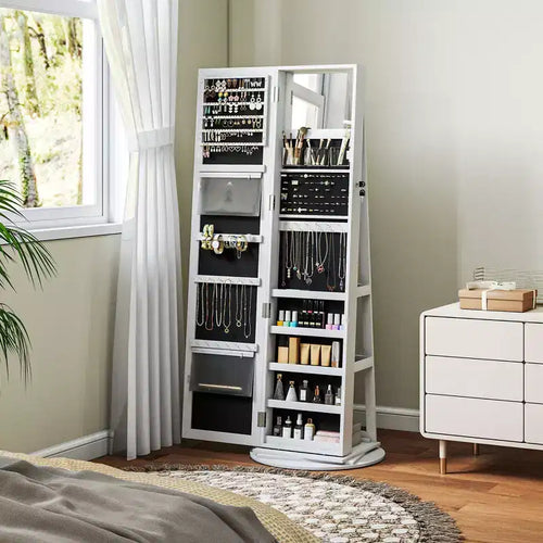 360° Swivel Jewelry Armoire with Full-Length Mirror & Storage Shelves