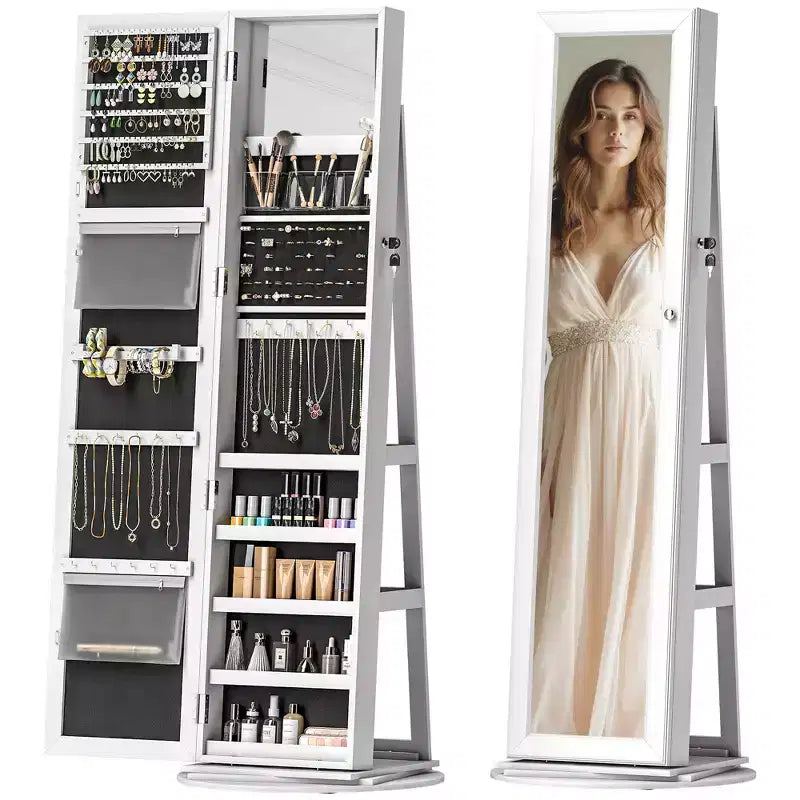 360° Swivel Jewelry Armoire with Full-Length Mirror & Storage Shelves