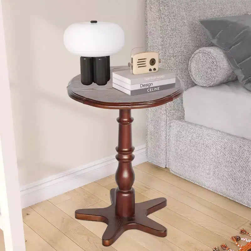 Tavolino da caffè rotondo con piedistallo in legno da 40,0 cm – Comodino vintage con accento, marrone