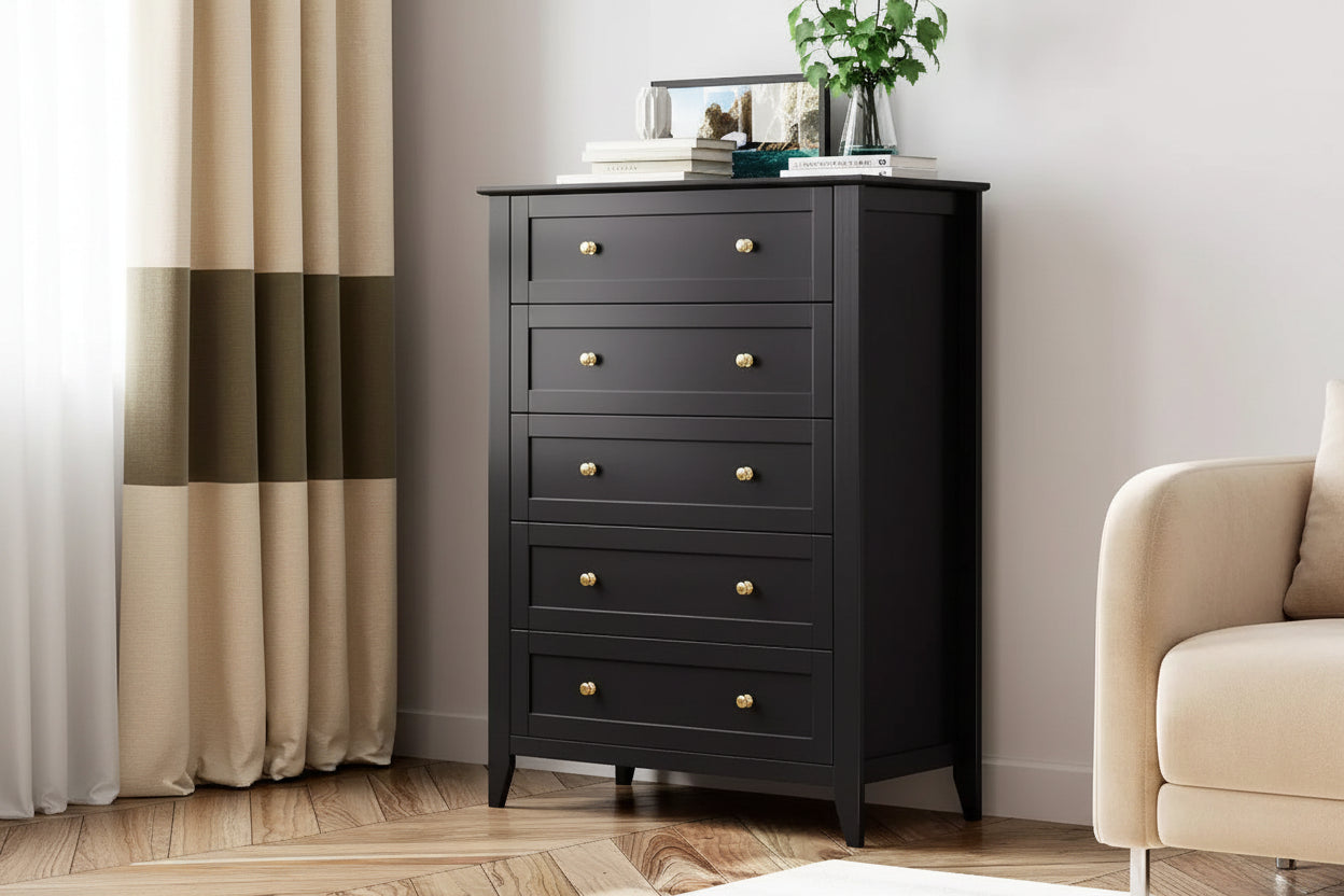 GustoWave Wood Five-Drawer Dresser With Deep Drawers And Metal Knobs