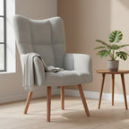 Modern Light Grey Velvet Armchair with Wooden Legs & Padded Foam Seat