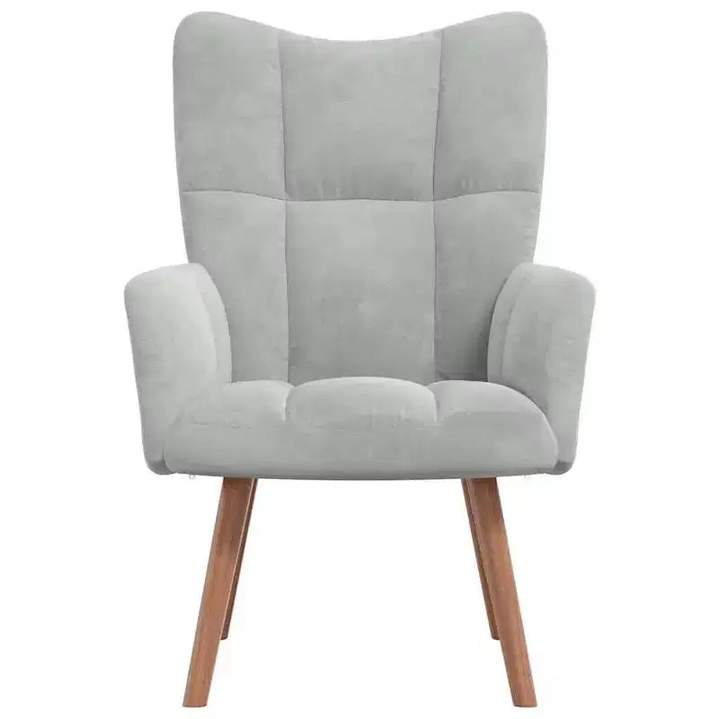 Poltrona moderna in velluto grigio chiaro con gambe in legno e seduta imbottita in schiuma