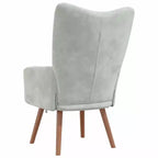 Poltrona moderna in velluto grigio chiaro con gambe in legno e seduta imbottita in schiuma