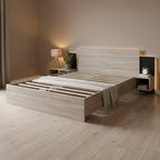 Letto a piattaforma sospesa per materasso di circa 152 × 203 cm con comodino integrato e illuminazione a LED